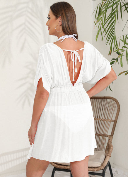 Plus Size Women Sexy Backless Pleated Dress White