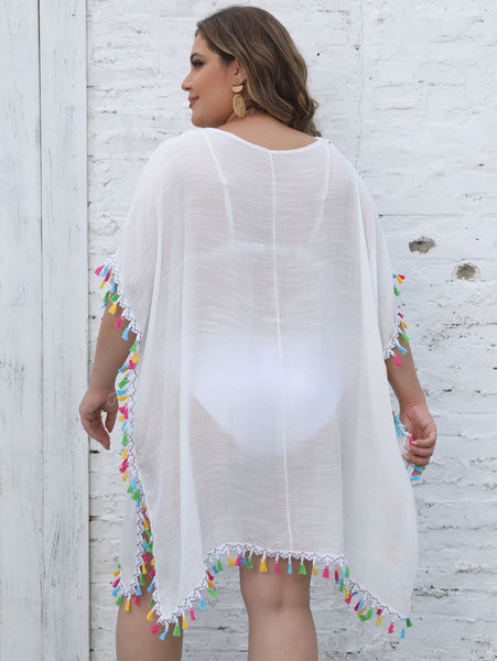 Plus Ethnic Crochet Tassel Coverup V Neck Beach Wear White