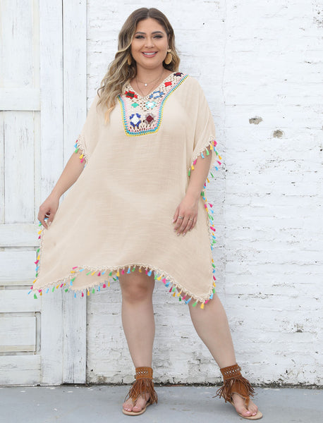 Plus Ethnic Crochet Tassel Coverup V Neck Beach Wear light Brown