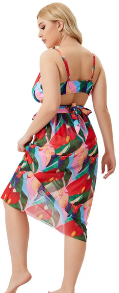 Plus Size Print Tie-up Bra, Underwear and Skirt Bikini Three Piece Set Multicolor