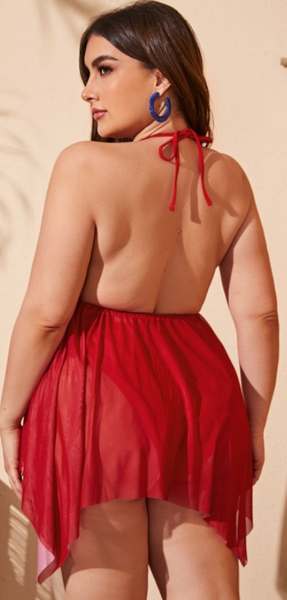 Plus Size Two Piece V Neck Suspender Backless Beach Swimsuit Red