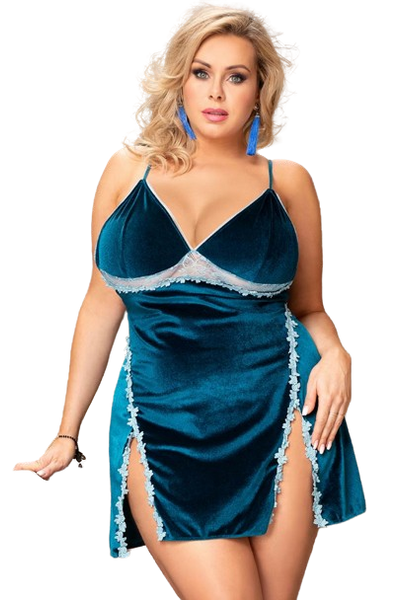 Velour Embroidery Plus Size Blue Nightdress With G String