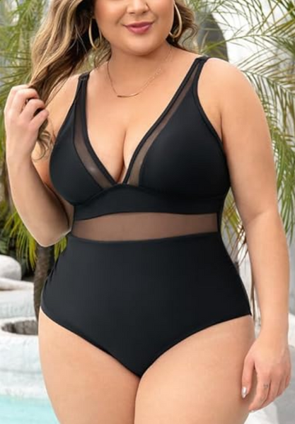 Mesh Sheer V Neck Tummy Control Swimsuit with Adjustable Wide Straps Black