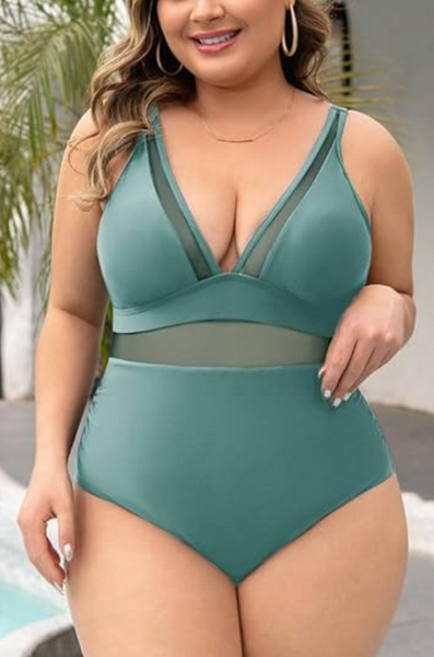 Mesh Sheer V Neck Tummy Control Swimsuit with Adjustable Wide Straps Light Green