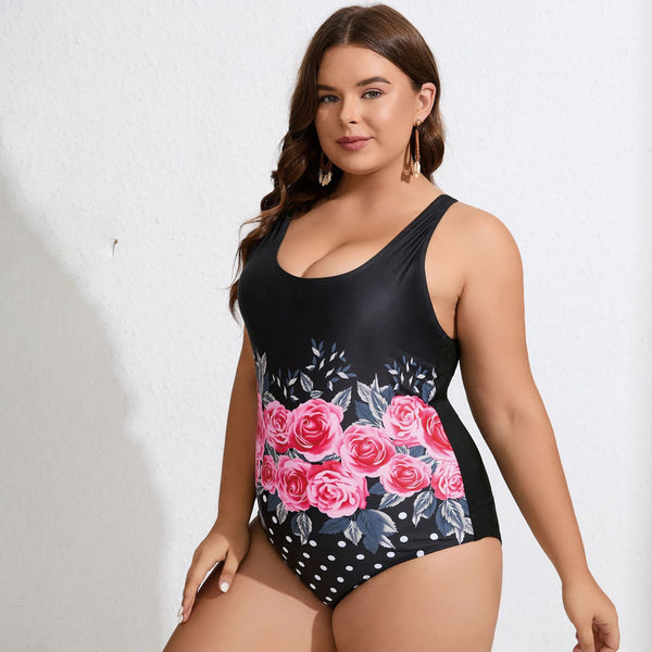 Plus Flower Print Shoulder Strap One Piece Swimsuit With Cover Up Black