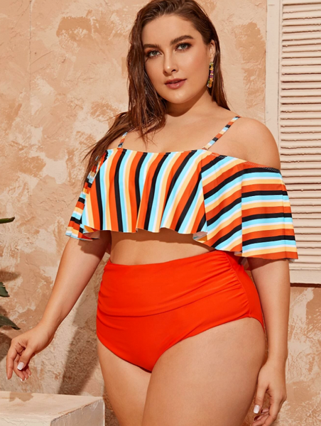 Plus Striped Orange Flounce High Waisted Bikini Swimsuit