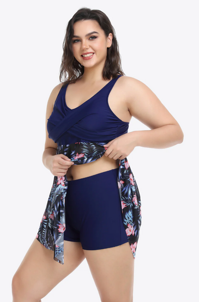 Plus Size Floral Two-Tone Asymmetrical Hem Two-Piece Tankini Blue