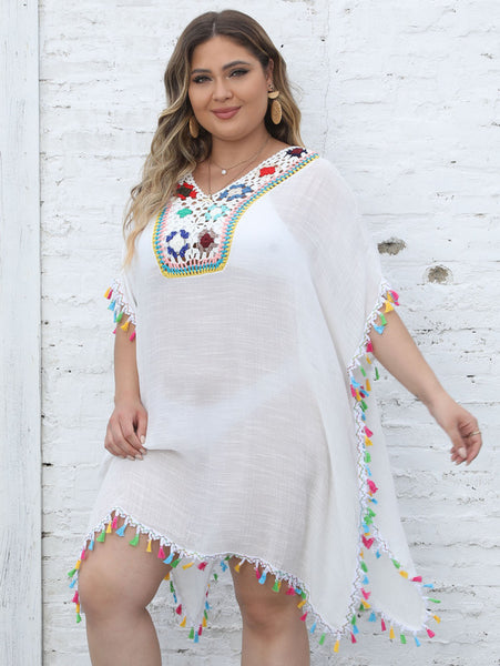 Plus Ethnic Crochet Tassel Coverup V Neck Beach Wear White