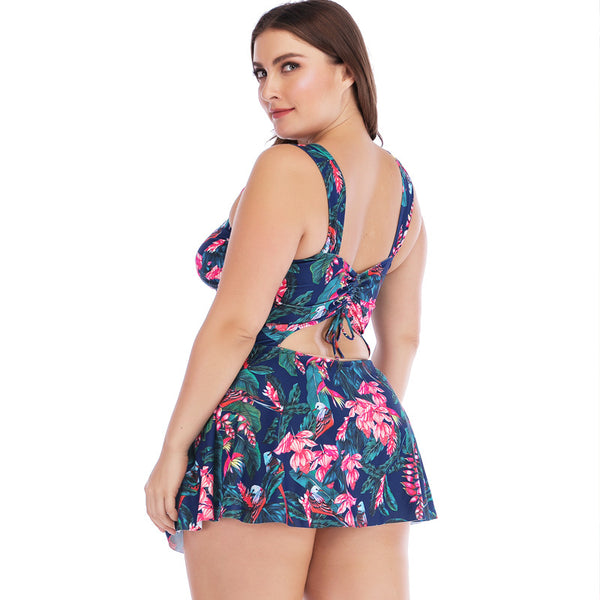 Plus Size Wide Straps Drawstring Tummy Floral Print Swimsuit Multicolor