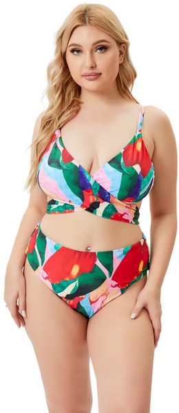 Plus Size Print Tie-up Bra, Underwear and Skirt Bikini Three Piece Set Multicolor