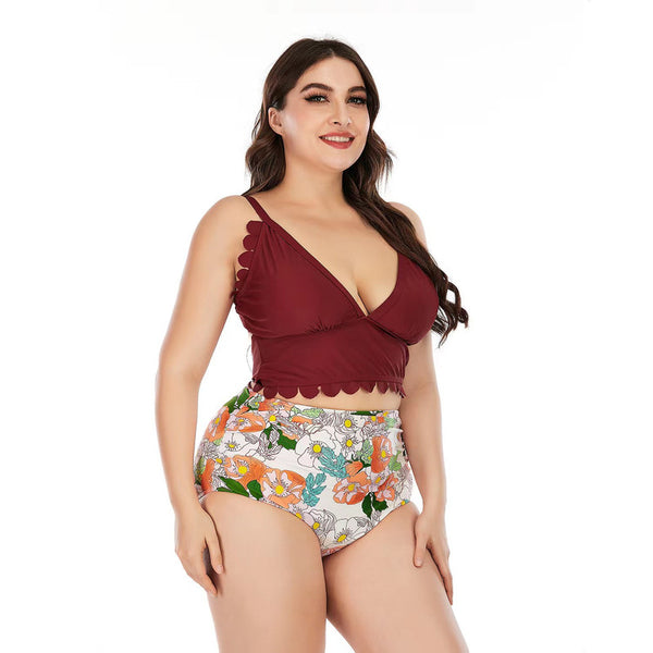 Plus Size High Waist Swimsuit Floral Print Maroon