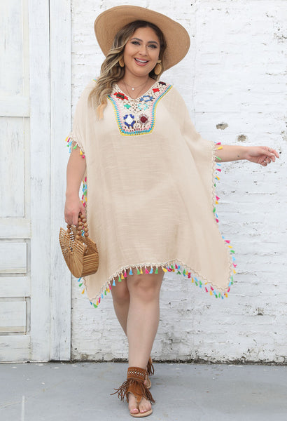 Plus Ethnic Crochet Tassel Coverup V Neck Beach Wear light Brown