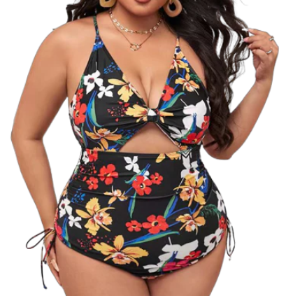 Plus Size Black Floral Print Cutout Drawstring One Piece Monokini