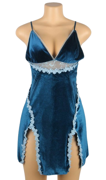 Velour Embroidery Plus Size Blue Nightdress With G String