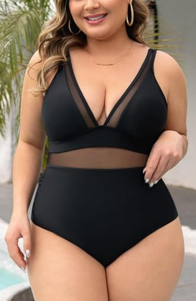 Mesh Sheer V Neck Tummy Control Swimsuit with Adjustable Wide Straps Black