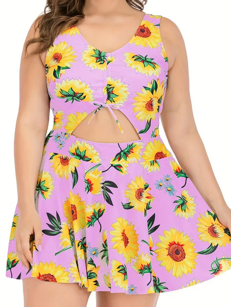 Plus Size Swimdress Sunflower Halter One Pieces Tankini Soft Pink