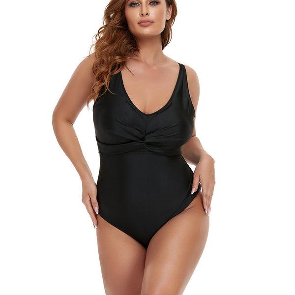 Plus Size One Piece Tummy Control Twist Front Ruched Swimwear Black