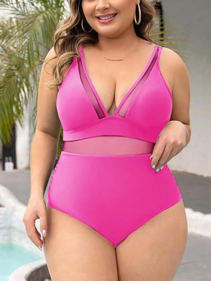 Mesh Sheer V Neck Tummy Control Swimsuit with Adjustable Wide Straps Pink