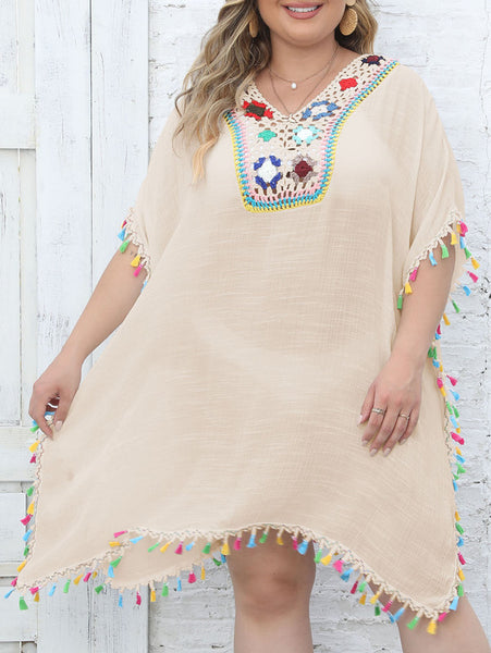 Plus Ethnic Crochet Tassel Coverup V Neck Beach Wear light Brown