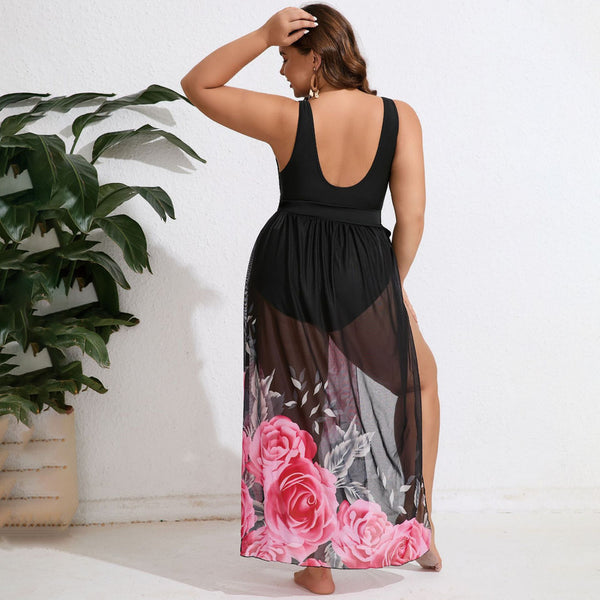 Plus Flower Print Shoulder Strap One Piece Swimsuit With Cover Up Black