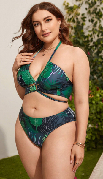 Plus Tropical Print Bikini 3 Piece Bathing Suit Green