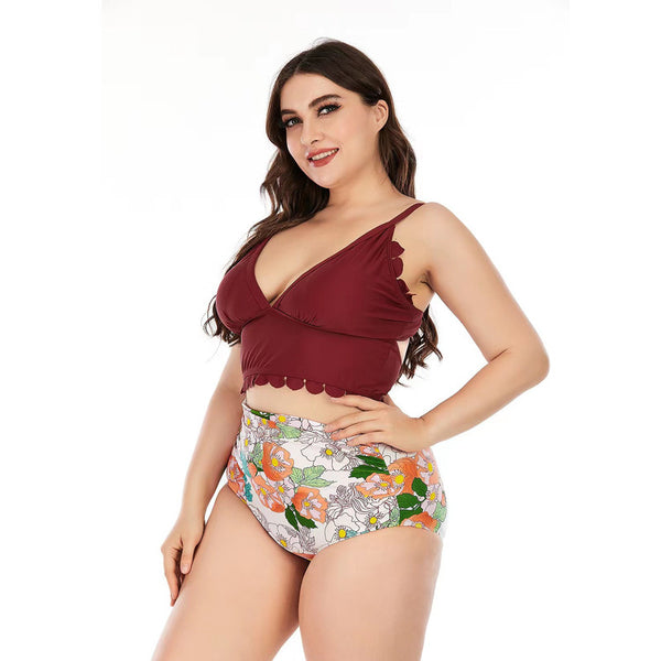 Plus Size High Waist Swimsuit Floral Print Maroon