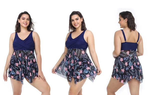 Plus Size Floral Two-Tone Asymmetrical Hem Two-Piece Tankini Blue