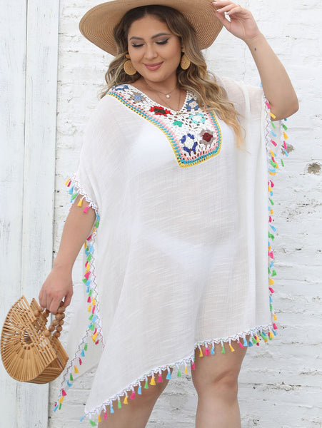 Plus Ethnic Crochet Tassel Coverup V Neck Beach Wear White