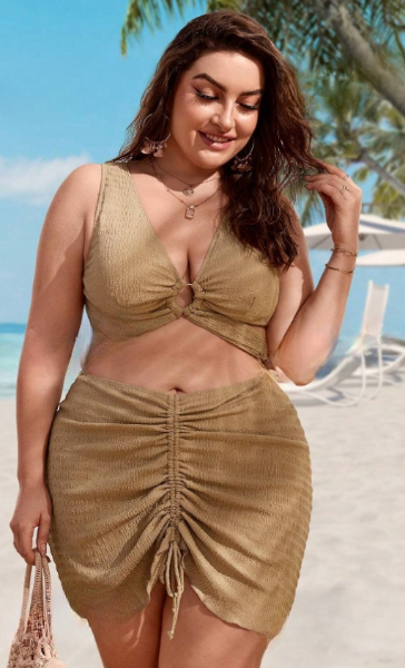 Plus Size Ring Linked Bikini Set With Beach Skirt Brown