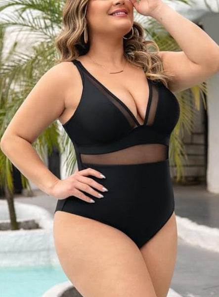 Mesh Sheer V Neck Tummy Control Swimsuit with Adjustable Wide Straps Black