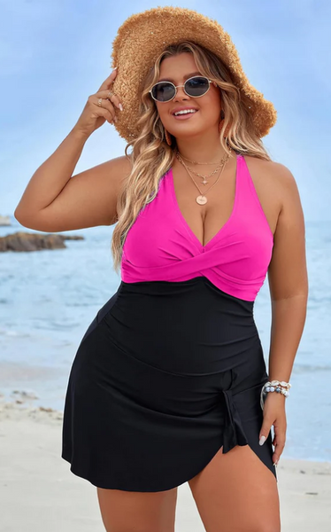 Plus Size One Piece Tummy Control Modest Criss Cross Swimsuits Pink