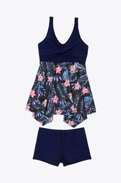 Plus Size Floral Two-Tone Asymmetrical Hem Two-Piece Tankini Blue