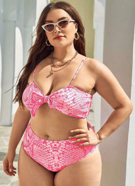 Plus Size Three Piece Fish Scale Print Knotted Swimsuit Pink