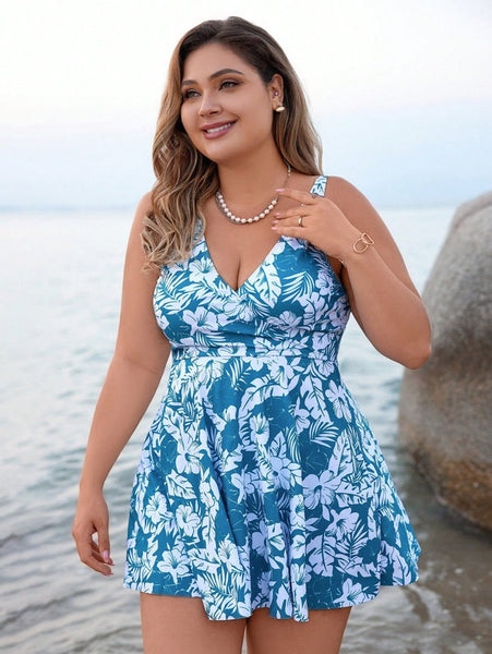 Plus Size Floral Print Summer Beach Two-Piece Swimsuit Sky Blue