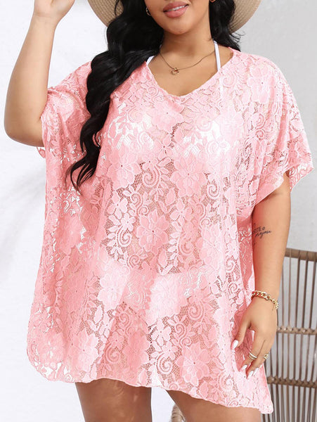 Plus Size See Through Lace Mesh Beach Cover Up Casual Dress Light Pink