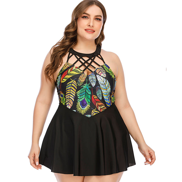 Plus Size Swimwear Printed Black Crossover Swimsuit Bikini Set