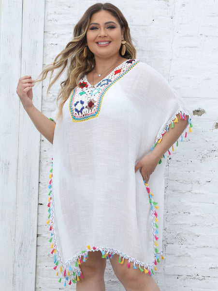 Plus Ethnic Crochet Tassel Coverup V Neck Beach Wear White