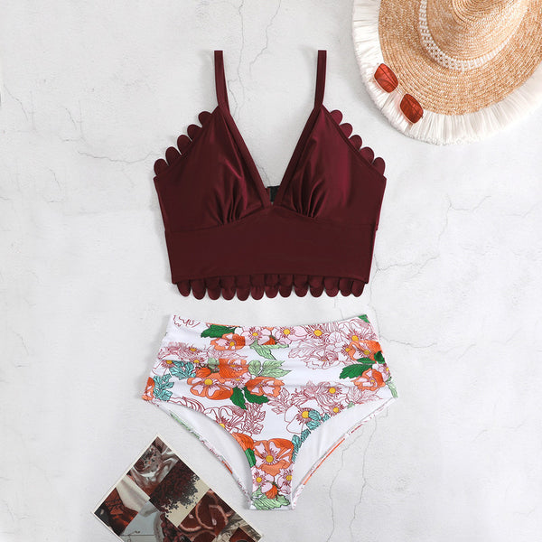 Plus Size High Waist Swimsuit Floral Print Maroon