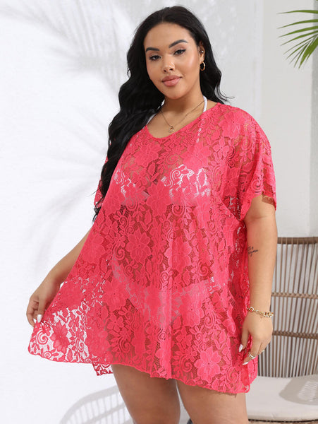 Plus Size See Through Lace Mesh Beach Cover Up Casual Dress Light Orange