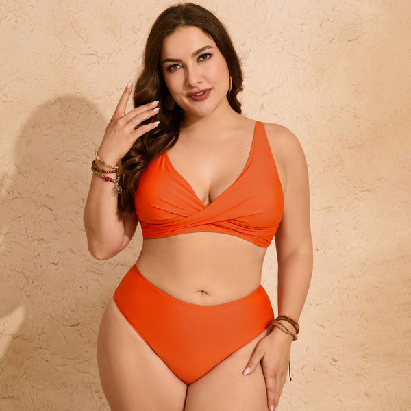 Plus Size Solid Print Front Cross Wrap Bikini Swimsuit With Cover Up Orange