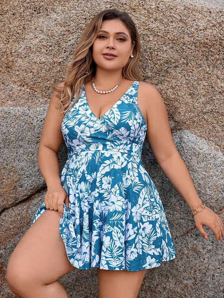 Plus Size Floral Print Summer Beach Two-Piece Swimsuit Sky Blue