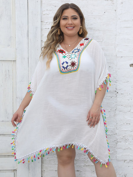 Plus Ethnic Crochet Tassel Coverup V Neck Beach Wear White