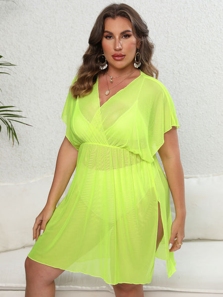 Plus Size Solid Color V Neck Semi-Sheer Split Beach Dress Green