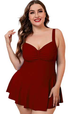 Plus Size Maroon Gathered Detail Swim Dress