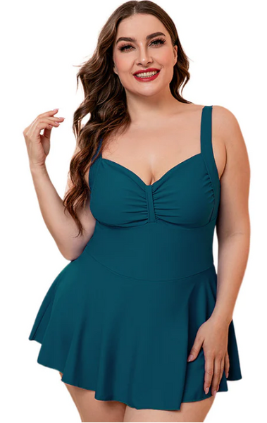 Plus Size Dark Green Gathered Detail Swim Dress