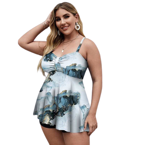 Plus Size Floral Print Swim Dress With Shorts Silver