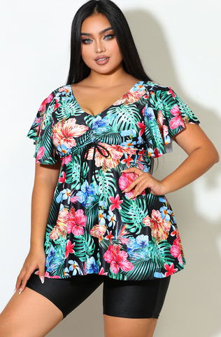 Plus Floral Print V-Neck Top With Drawstring And Boyshorts Black