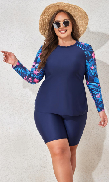 Plus Size Tropical Print Round Neck Long Sleeves Top & Boxer Short Bottom Blue