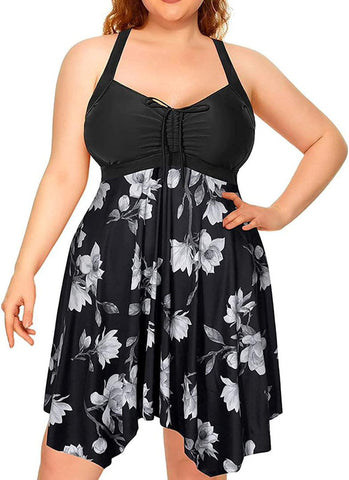 Plus Size Open Back Criss Cross Swimsuit Black Grey