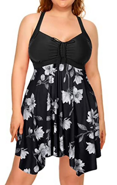 Plus Size Open Back Criss Cross Swimsuit Black Grey